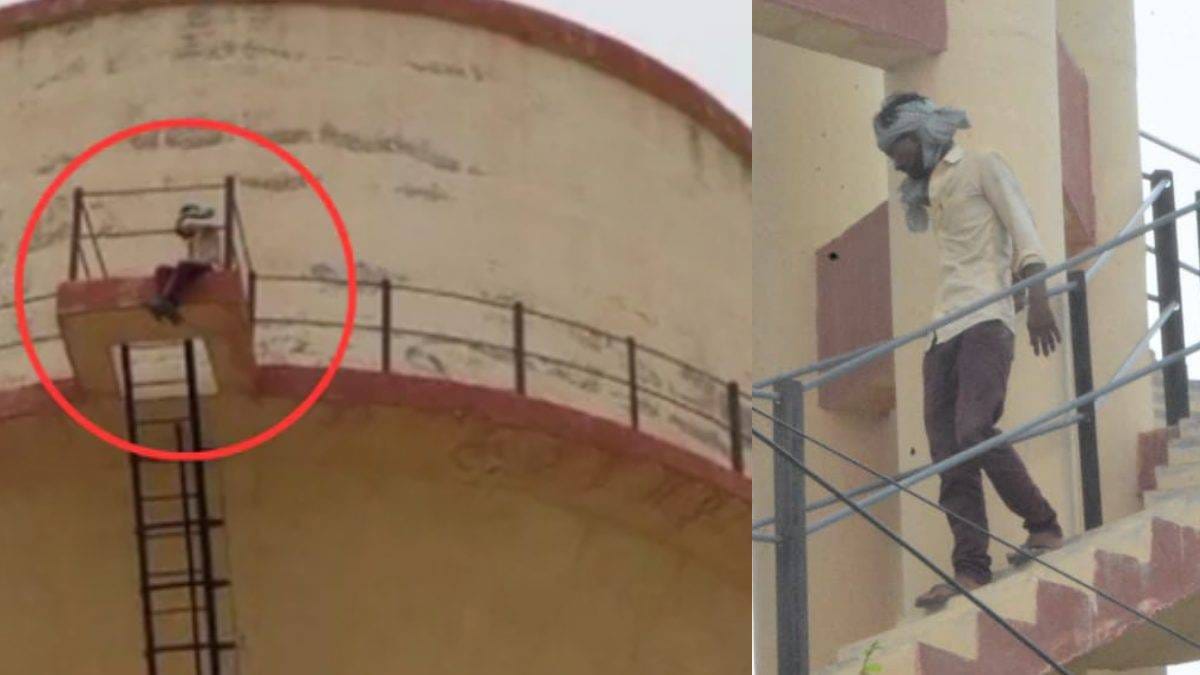 Sikar men climb on Pani tanki