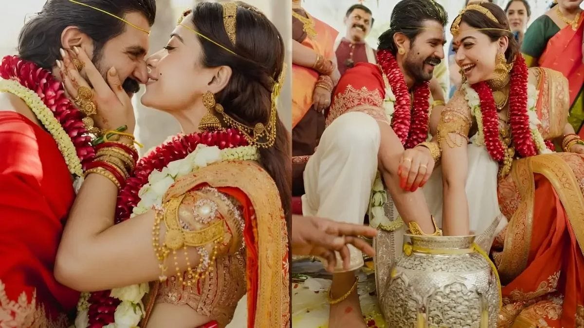 rashmika mandanna wedding orange saree